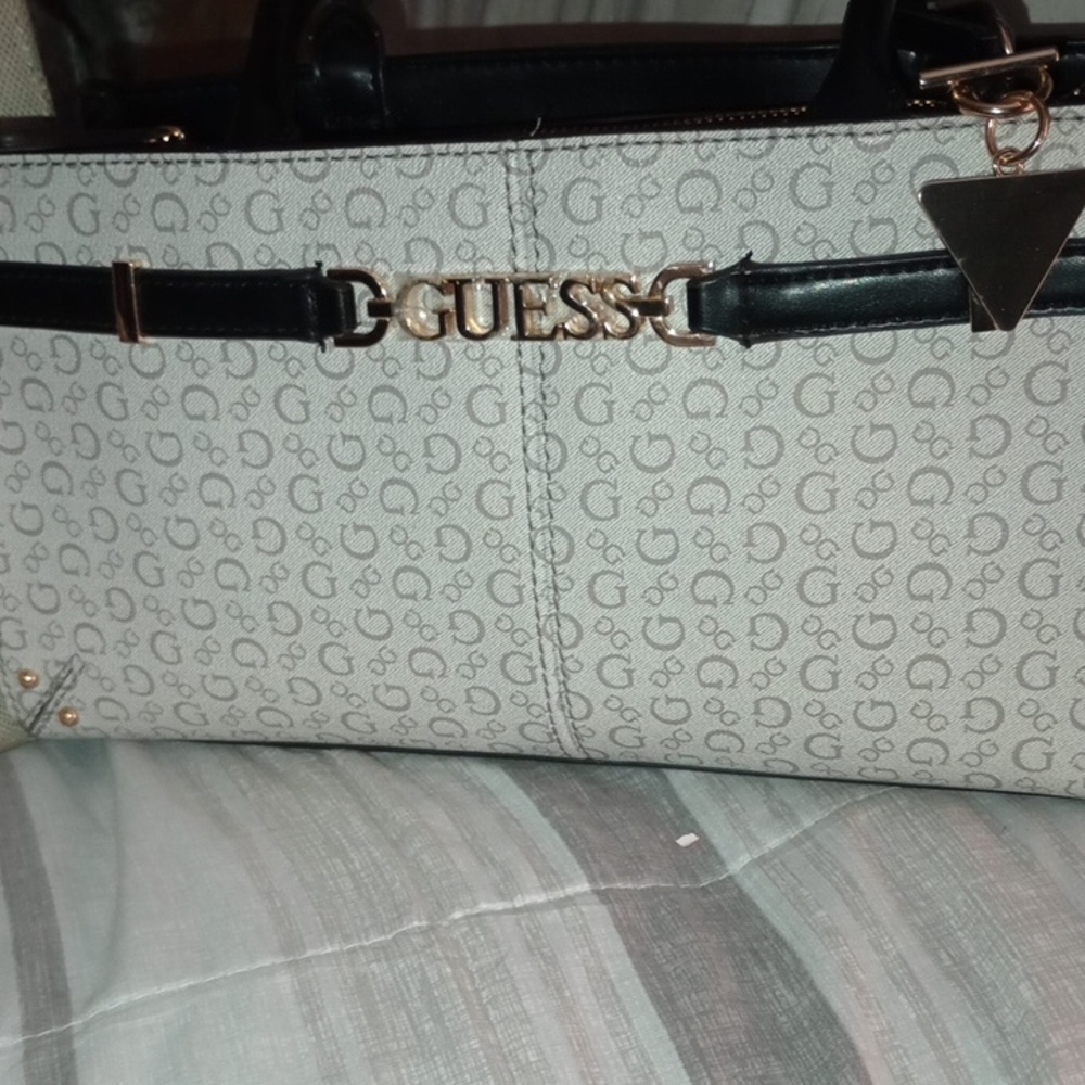 GUESS Monogrammed Gray and Black Satchel